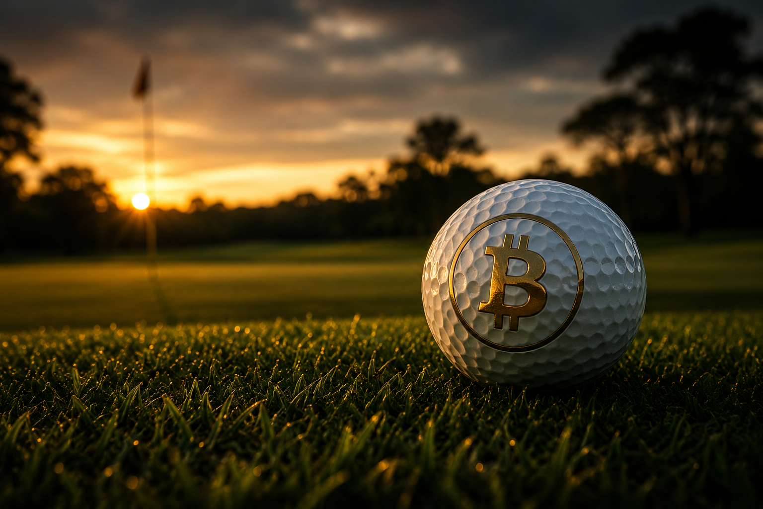 Golf ball with a golden Bitcoin mark on the green at Eumundi Golf Farm